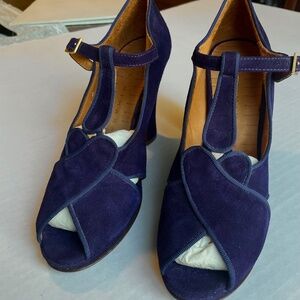 Plum Purple T-Strap Peep Toe Chunky Heel Shoes